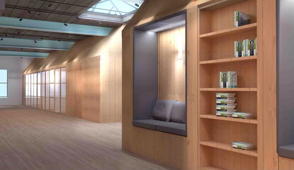 A warm wooden interior with built-in shelves and a large display.