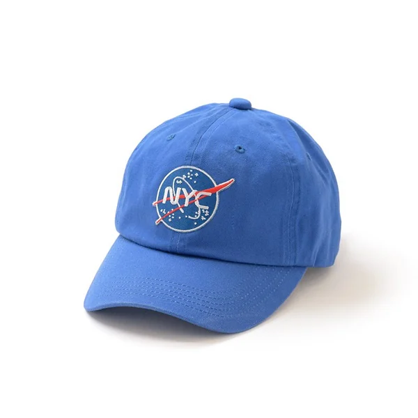 A blue baseball cap with an embroidered NYC design.