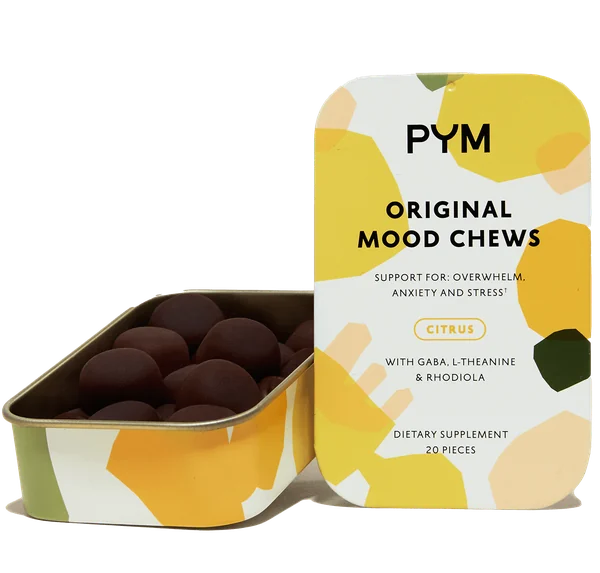 Yellow PYM Original Mood Chews packaging with the container open.