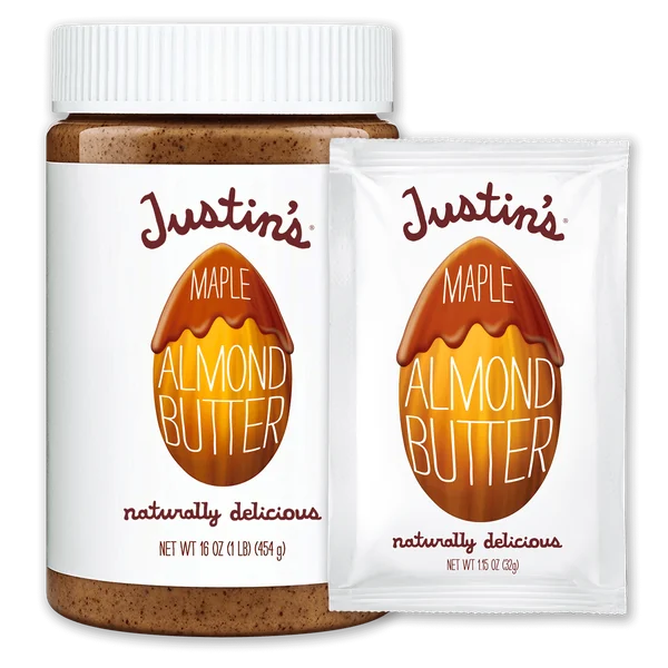 A jar and packet of Justin’s maple almond butter.